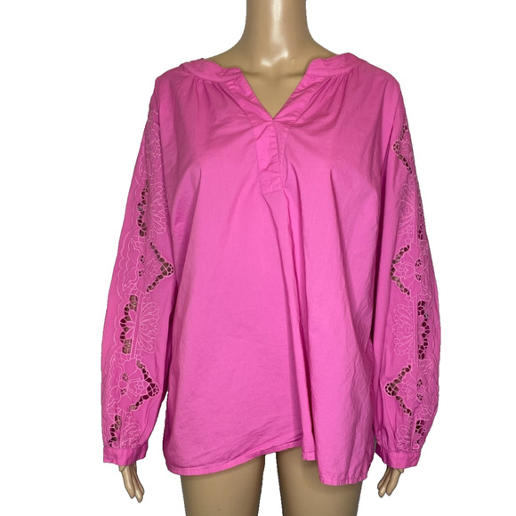 Women's 2XP Talbots Pink Floral Lace Bell Sleeve V-Neck Cotton Blouse - Picture 1 of 5